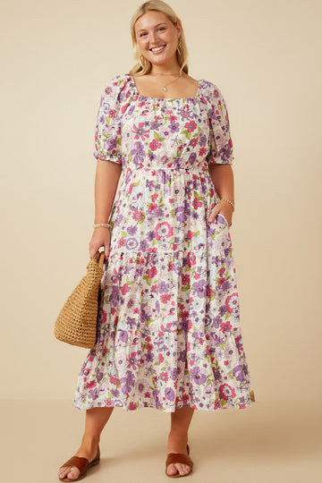 HY7095 Purple Womens Retro Floral Smocked Square Neck Dress Full Body